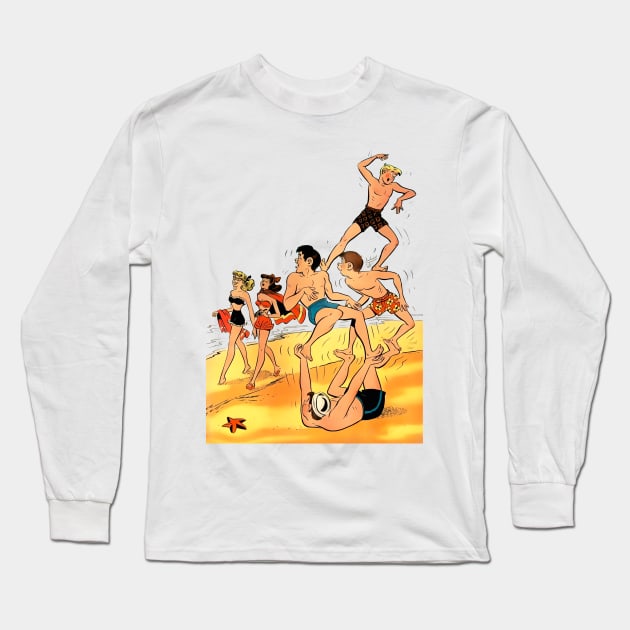 sporty boys playing on the beach by the sea see two beautiful pin up girls Long Sleeve T-Shirt by REVISTANGO